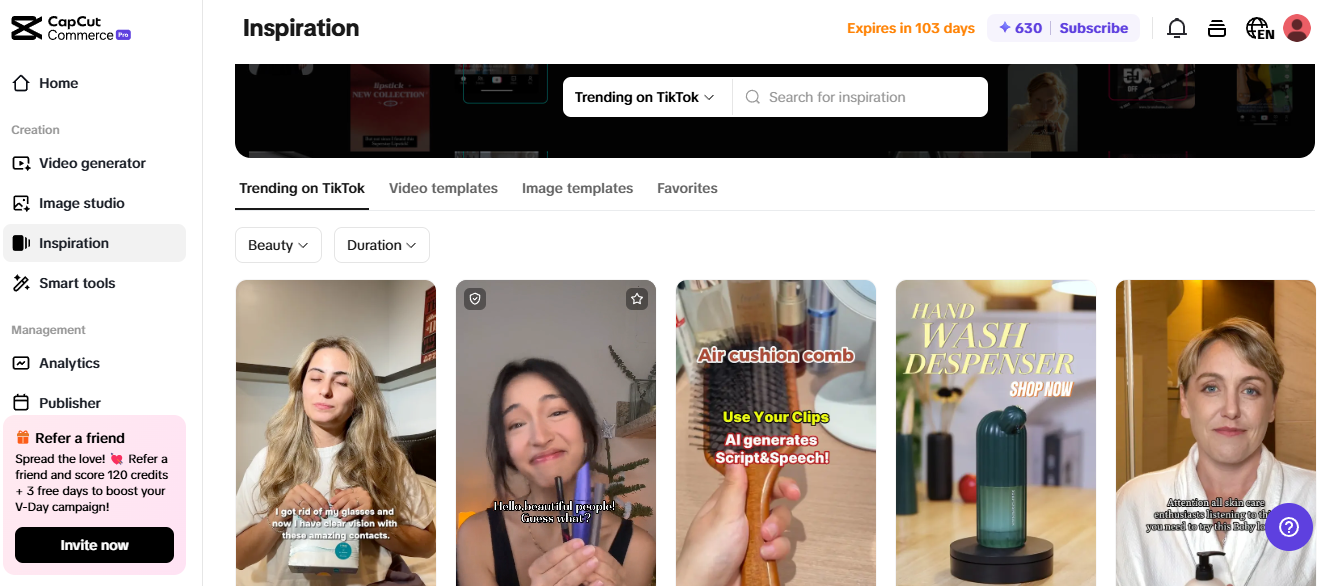 CapCut Commerce Pro Inspiration page featuring trending TikTok templates for video marketing and eCommerce SEO.